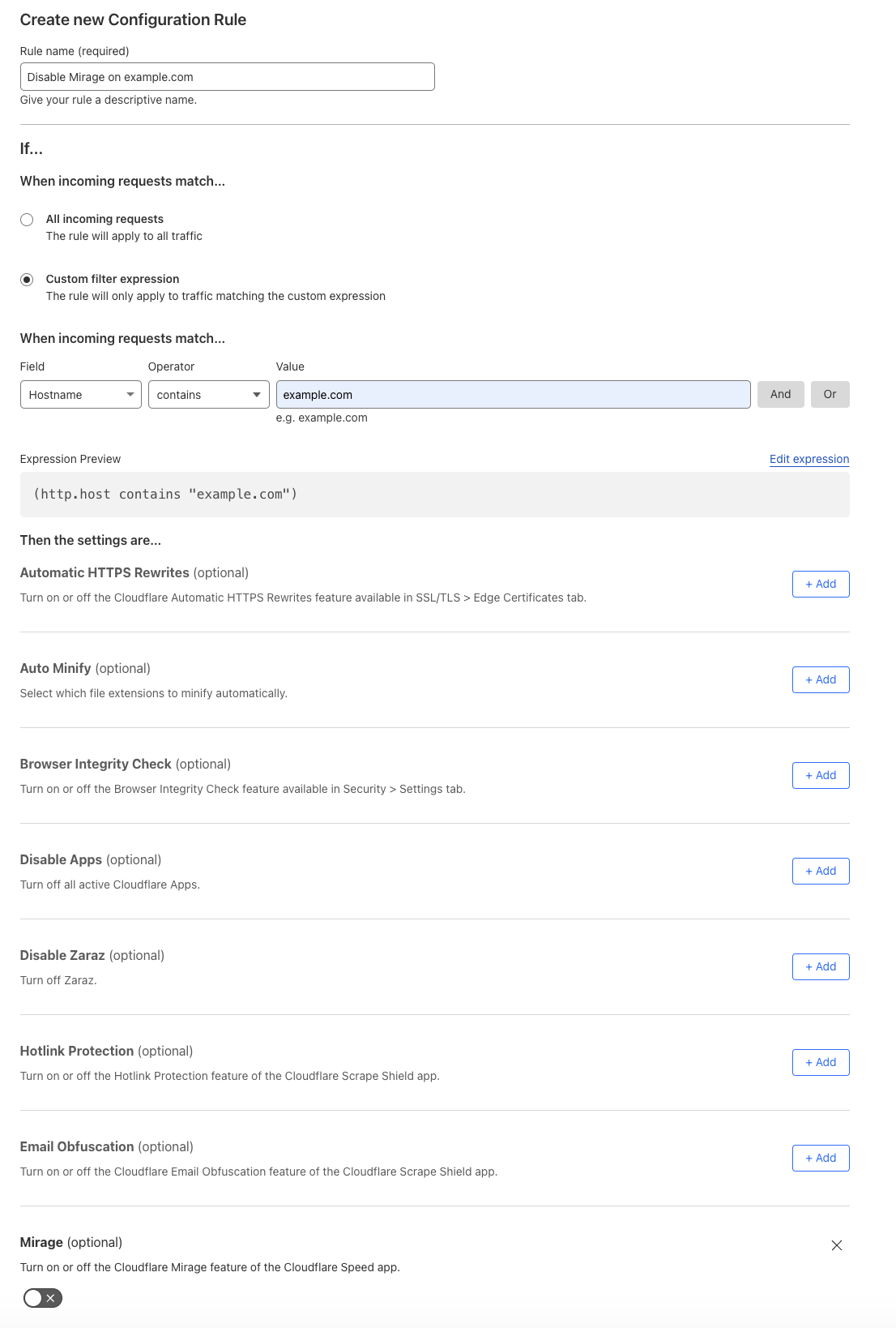 Configuration rule matching the &lsquo;Mirage > Off&rsquo; setting of the example Page Rule